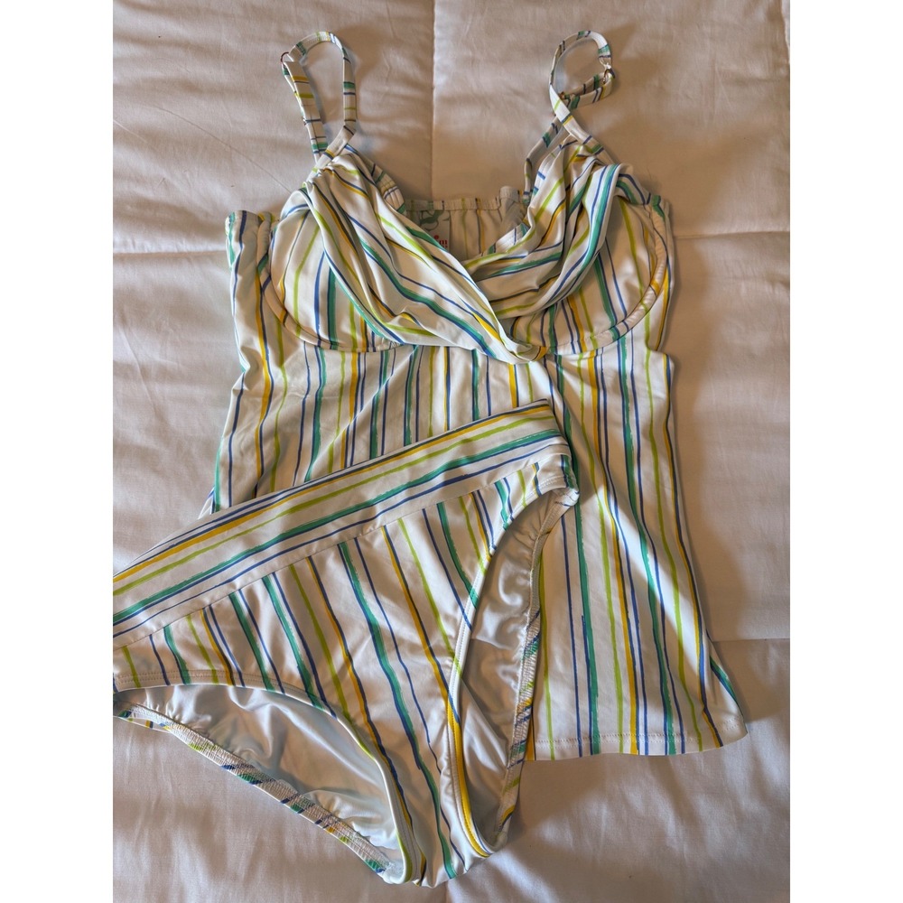 Swim Systems Striped Tankini Set Underwire Twist Front 38DD White Blue Green